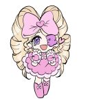  1girl blonde_hair boots bow clenched_hands collar colored_eyepatch detached_collar dress drill_hair earrings eyepatch fang footwear_bow frilled_dress frills happy harime_nui heart heart_earrings jewelry kill_la_kill lolita_fashion long_hair pink_boots pink_bow pink_collar pink_dress pink_wrist_cuffs purple_eyes supertr37539983 twin_drills white_background wrist_cuffs 