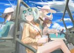  4girls alternate_costume aqua_eyes aqua_hair arius_squad_(blue_archive) atsuko_(blue_archive) atsuko_(swimsuit)_(blue_archive) baseball_cap beach belt bikini black_hair blue_archive blue_eyes blue_hair blue_sky breasts brown_hair brown_shirt car cloud commentary cup driving english_commentary eyewear_on_head floral_print_bikini flower green_jacket hair_flower hair_ornament halo hand_on_own_hat hat hetare_galm_sue highres hiyori_(blue_archive) hiyori_(swimsuit)_(blue_archive) holding holding_cup jacket misaki_(blue_archive) motor_vehicle multicolored_hair multiple_girls ocean official_alternate_costume orange_bikini orange_shirt ponytail purple_hair red_eyes saori_(blue_archive) saori_(swimsuit)_(blue_archive) seatbelt shirt short_hair side_ponytail sitting sky smile striped_clothes striped_shirt sun_hat sunglasses swimsuit swimsuit_under_clothes two-tone_hair vehicle_request vertical-striped_clothes vertical-striped_shirt white_bikini white_hat white_shirt 