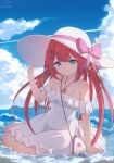  1girl alternate_costume arm_support backlighting bare_shoulders barefoot blue_eyes blue_sky blunt_bangs bow braid breasts closed_mouth cloud collarbone commentary contrail cumulonimbus_cloud day dress eyelashes floating_hair frilled_dress frills full_body hair_ornament hairclip hand_on_headwear hand_up hat hat_bow highres huge_bow jewelry kamiyama_shiki long_hair looking_at_viewer necklace ocean off-shoulder_dress off_shoulder outdoors pink_bow red_hair shiki_hamaguri signature sitting sky small_breasts smile solo split_mouth straight_hair summer summer_pockets sun_hat sundress tassel tassel_hair_ornament toes twin_braids twitter_username very_long_hair water white_dress white_hat yokozuwari 