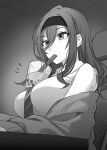  1girl bare_shoulders cardigan collared_shirt commentary_request diagonal-striped_clothes diagonal-striped_necktie drinking hair_between_eyes hairband indoors long_hair necktie novel_illustration off_shoulder official_art school_uniform second-party_source shirt sitting sleeveless sleeveless_shirt solo striped_clothes tomari_(veryberry00) tomodachi_no_imouto_ga_ore_ni_dake_uzai wing_collar 