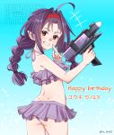  1girl ahoge ass bikini blue_background blush braid dated from_behind hairband happy_birthday highres holding holding_water_gun long_hair looking_at_viewer looking_back pointy_ears purple_bikini purple_hair red_eyes red_hairband smile solo swimsuit sword_art_online tu_tora2 twin_braids twitter_username water_gun yuuki_(sao) 