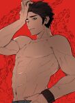  1boy abs adam&#039;s_apple arm_up black_hair blue_pants collarbone commentary_request cowboy_shot denim grey_eyes hand_on_own_head hand_on_own_hip highres jeans male_focus navel pants parted_lips pectorals pokemon pokemon_sm red_(pokemon) red_background short_hair sideburns sinm_i solo sweat teeth toned toned_male topless_male veins veiny_arms veiny_hands wristband 