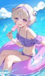  1girl :d alternate_costume alternate_hairstyle bikini blonde_hair blue_sky cloud commentary day detached_sleeves english_commentary food frilled_bikini frills hair_ornament hair_rings hairband hairclip highleg highleg_bikini highres holding holding_food holding_popsicle hololive hololive_dev_is innertube looking_at_viewer mui_maru multi-strapped_bikini_bottom multicolored_hair nail_polish navel ocean on_innertube open_mouth outdoors plaid_bikini plaid_clothes popsicle puffy_detached_sleeves puffy_short_sleeves puffy_sleeves purple_eyes purple_hair purple_hairband purple_nails short_hair short_sleeves sitting sky smile solo stomach streaked_hair swim_ring swimsuit teeth todoroki_hajime two_side_up upper_teeth_only virtual_youtuber 