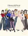  6+girls alternate_costume blonde_hair blue_hair bo_peep_(toy_story) brown_hair commentary_request company_connection contemporary cowboy_hat descendants evie_(descendants) genderswap genderswap_(mtf) goofy hat hector_barbossa highres jack_sparrow long_hair mal_(descendants) max_goof meecosme mickey_mouse_&amp;_friends multiple_girls pantyhose pirates_of_the_caribbean purple_hair sheriff_woody shirt short_hair smile toy_story 