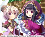  2girls black_gloves black_hair brown_hair capelet character_request death_alma dress emil_chronicle_online frilled_capelet frilled_sleeves frills gloves hat hood logo lowres multiple_girls official_art open_mouth purple_dress purple_eyes red_eyes tougo 
