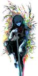  1other absurdres androgynous armor bandage_player black_hair blue_skin colored_skin deltarune elbow_gloves foot_out_of_frame gloves highres holding holding_sword holding_weapon knee_pads kris_(dark_world)_(deltarune) kris_(deltarune) looking_at_viewer other_focus pauldrons red_eyes shaded_face short_hair shoulder_armor sitting solo sword weapon white_background white_gloves 