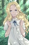  blonde_hair blue_eyes bush dappled_sunlight forest long_hair looking_at_viewer marnie nature omoide_no_marnie puffy_short_sleeves puffy_sleeves ribbon shade short_sleeves solo sunlight tears torata_(purin-165) tree 