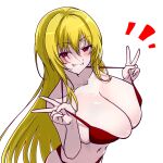  1girl bikini blonde_hair blush breasts cleavage collarbone commentary_request double_v grin hair_between_eyes hair_intakes highres hitofudegaki_usagi huge_breasts idolmaster idolmaster_cinderella_girls idolmaster_cinderella_girls_starlight_stage kurosaki_chitose long_hair naughty_face navel notice_lines red_bikini red_eyes seductive_smile skindentation smile stomach strap_pull swimsuit v white_background 