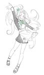  1girl alternate_costume ankle_socks apron arm_up blush bow breasts closed_eyes cyan_(to_be_hero_x) enmaided four-leaf_clover_ornament four-leaf_clover_print frilled_apron frills green_bow green_ribbon greyscale hair_ornament hanmu_2 highres long_hair long_sleeves maid maid_apron monochrome open_mouth ponytail ribbon shorts side_ponytail simple_background smile socks solo spot_color teeth thick_eyebrows to_be_hero to_be_hero_x very_long_hair white_apron white_background 