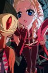 1boy 1girl ace_attorney acro_(ace_attorney) amikoiiko black_hair blonde_hair blue_background blue_eyes blush boots closed_eyes closed_mouth crying dark-skinned_male dark_skin deltoids drill_hair elbow_gloves english_commentary feet_out_of_frame gem gloves gold_headband hair_pulled_back headband highres holding holding_wand knee_boots leotard long_hair open_mouth pantyhose phoenix_wright:_ace_attorney_-_justice_for_all pink_boots pink_gloves pink_leotard portrait red_gemstone regina_berry shirt sleeveless sleeveless_shirt smile streaming_tears tears wand zoom_layer 