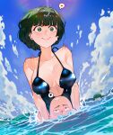  1boy 2girls artist_name bare_shoulders blue_sky blush breast_envy breasts cesar_art456 cloud collarbone day fubuki_(one-punch_man) green_eyes grey_hair highres large_breasts multiple_girls one-punch_man saitama_(one-punch_man) short_hair sky swimsuit tatsumaki upper_body water 