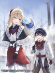  1boy 1girl :d bare_tree black_capelet black_gloves black_hair blue_cloak blue_eyes blue_sky blurry blurry_background brown_hair brown_pants capelet cloak commentary_request copyright_request day depth_of_field fringe_trim fur-trimmed_cloak fur-trimmed_gloves fur_trim gloves grey_eyes long_hair long_sleeves midorikawa_you outdoors pants puffy_long_sleeves puffy_sleeves shirt skirt sky smile tree very_long_hair white_shirt white_skirt 