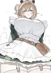  1girl absurdres animal_ears apron blush breasts brown_hair dress ewn green_dress green_eyes hair_between_eyes hat highres indie_virtual_youtuber large_breasts looking_at_viewer medium_hair nimi_nightmare nurse_cap one_side_up round_collar simple_background smile solo tapir_ears tapir_girl thighhighs virtual_youtuber white_apron white_background 
