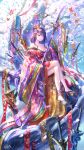  1girl alternate_costume amenoma_kageuchi_(genshin_impact) bare_legs breasts cherry_blossoms chinese_commentary cleavage closed_mouth collarbone commentary_request crossed_legs crystalfly_(genshin_impact) electricity electro_symbol_(genshin_impact) electrokinesis engulfing_lightning_(genshin_impact) feet flower footwear_request genshin_impact hair_flower hair_ornament haran_geppaku_futsu_(genshin_impact) hebbtia high_heel_sandals high_heels highres holding holding_polearm holding_weapon japanese_clothes kagotsurube_isshin_(genshin_impact) katana kimono large_breasts looking_at_viewer mistsplitter_reforged_(genshin_impact) mixed-language_commentary mole mole_under_eye multiple_swords multiple_weapons naginata off_shoulder planted planted_sword polearm purple_eyes purple_flower purple_hair purple_kimono purple_theme raiden_shogun redhorn_stonethresher_(genshin_impact) revision sandals sitting solo sword toes tree uraku_misugiri_(genshin_impact) weapon wide_shot wide_sleeves 