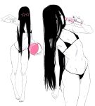  1girl ball barefoot beachball bikini bottle commentary covered_eyes english_commentary ghost_girl greyscale hair_over_eyes highres holding holding_ball holding_beachball holding_bottle long_hair looking_at_viewer monochrome multiple_views navel ramune simple_background spot_color standing swimsuit the_ring thong_bikini virtuware wet white_background wide-eyed yamamura_sadako 