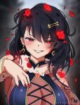  1girl artist_name bare_shoulders black_hair blurry blurry_background blush bodysuit bracelet breasts cleavage cleavage_cutout clothing_cutout commentary criss-cross_straps earrings english_commentary fingernails gem grin hair_ornament hairclip hand_up highres jewelry large_breasts lif_(lifoxcious) looking_at_viewer medium_hair messy_hair mirai_(uwudrink) parallel_hairclips portrait purple_bodysuit red_eyes red_gemstone red_nails smile solo sparkle sparkling_aura straight-on swept_bangs uwudrink 
