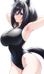  1girl animal_ears armpits arms_behind_head black_hair black_one-piece_swimsuit blue_eyes bob_cut breasts competition_swimsuit covered_navel ear_scrunchie eishin_flash_(umamusume) hair_between_eyes highleg highres horse_ears horse_girl horse_tail large_breasts one-piece_swimsuit pataneet racerback short_hair simple_background solo swept_bangs swimsuit tail umamusume white_background 