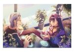 1boy 1girl :o ahoge barbell_piercing black_collar black_hair black_shirt blunt_bangs blurry blurry_background blurry_foreground braid breasts cake cake_slice cellphone chair cleavage collar collarbone collared_shirt commentary cup ear_piercing earrings eating flower_pot food fork glasses gold_ring green_eyes grey_hair hair_behind_ear hair_intakes hands_up hanging_plant hex_haywire hex_haywire_(1st_costume) highres holding holding_cup holding_fork holding_phone indoors industrial_piercing jacket jewelry kaburagi_(pnoir087) large_breasts long_hair looking_at_another meloco_kyoran meloco_kyoran_(1st_costume) multicolored_hair multiple_rings necktie nijisanji nijisanji_en open_clothes open_jacket open_mouth parted_bangs phone piercing pillow plant plate potted_plant purple_eyes purple_hair purple_jacket purple_necktie purple_scrunchie ring saucer scrunchie shirt short_hair side_braids sitting smartphone smile streaked_hair stud_earrings suspenders sweatdrop symbol-only_commentary table tea teacup upper_body very_long_hair virtual_youtuber window wrist_scrunchie 