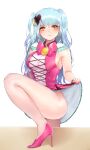  1girl absurdres armpits bare_arms blue_hair bow bowtie breasts commentary_request hair_ornament heart heart_hair_ornament high_heels highres large_breasts leg_up lobotomy_corporation long_hair long_sleeves looking_at_viewer lubban pink_bow pink_bowtie pink_shoes project_moon queen_of_hatred shoes sidelocks simple_background solo thighs two_side_up white_background wrist_cuffs yellow_eyes 