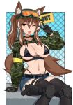  absurdres animal_ears belt black_gloves breasts brown_eyes brown_hair cadpat callisto_(greyeth) camouflage camouflage_jacket canadian_flag choker commission crop_top denim denim_shorts fox_ears fox_girl fox_tail gloves goggles goggles_on_headwear gun handgun hat highres jacket knee_pads large_breasts leaf looking_at_viewer maple_leaf multicolored_hair navel_piercing original peps_art piercing shorts streaked_hair tail thighhighs v weapon 