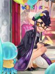  1girl 3others absurdres artist_name balloon black_hair black_suit blush blush_stickers bow bow-shaped_hair bowtie breasts callie_(news_anchor)_(splatoon) callie_(splatoon) chokico fangs flower_symbol food food_on_head high_heels highres holding inkling jellyfish_(splatoon) logo long_hair looking_at_another mole mole_under_eye multiple_others object_on_head official_alternate_costume open_mouth pointy_ears shirt short_eyebrows skirt smile splatoon_(series) splatoon_3 squatting star-shaped_pupils star_(symbol) sticker suit symbol-shaped_pupils teeth tentacle_hair thick_eyebrows transparent_bow window yellow_eyes yellow_shirt 