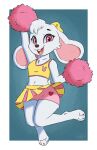 2025 anthro barefoot bottomwear boy_shorts breasts cheerleader clothed clothing digital_media_(artwork) feet female fur hi_res hindpaw jumping lagomorph leporid looking_at_viewer mammal moodytail navel open_mouth panties paws pom_poms pon_pon rabbit simple_background skirt solo tail tongue underwear upskirt