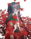  1girl absurdres black_hair bow brown_eyes commission covered_mouth erewhon eyes_visible_through_hair falling_leaves floral_print flower flower_over_mouth hair_behind_ear hair_bow hair_over_one_eye hands_up highres japanese_clothes kimono leaf leaf_background long_bangs long_hair looking_at_viewer maple_leaf nagami_kiyora obi obiage obijime ohayo_usaki red_bow red_flower red_kimono red_leaf sash skeb_commission solo upper_body white_background wide_sleeves 