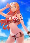  2girls 3boys bangle bare_shoulders beach bikini blue_sky bracelet breasts cleavage cloud cloudy_sky commentary cowboy_shot earrings eyewear_on_head floral_print glint halterneck hand_up horizon jewelry large_breasts log_pose long_hair looking_at_viewer monkey_d._luffy multiple_boys multiple_girls nami_(one_piece) navel nico_robin ocean official_art one_piece orange_eyes orange_hair outdoors parted_lips pearl_earrings pink-tinted_eyewear print_bikini red_bikini sanji_(one_piece) shoulder_tattoo side-tie_bikini_bottom sky solo_focus stomach sunglasses sunlight swimsuit tattoo tinted_eyewear tony_tony_chopper usopp wavy_hair 
