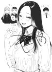  1boy 3girls :d blazer blush bow bowtie breast_pocket breasts button_gap character_name collared_shirt commentary_request dress_shirt fang forehead goshiki_suzu greyscale hand_up jacket konishiya_shiyori_(goshiki_suzu) large_breasts long_hair monochrome multicolored_hair multiple_girls necktie ooka-senpai_(goshiki_suzu) original parted_bangs peanut_mouth pocket raised_eyebrows roots_(hair) school_uniform shirt shirt_tucked_in short_hair signature smile twintails 