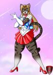 abs absurd_res anthro asian_clothing big_breasts bow_ribbon breasts choker clothing domestic_cat east_asian_clothing felid feline felis female footwear gloves handwear hi_res high_heels humanoid japanese_clothing japanese_school_uniform jewelry ladyfoxheart latex latex_clothing latex_gloves latex_handwear mammal markings muscular necklace pose sailor_moon_(series) sailor_uniform school_uniform serafuku shoes solo swolekat thick_thighs uniform