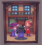  1boy 1girl :d black_boots blue_eyes book boots border bottle bow bright_pupils brown_hair bun_cover cape cauldron chibi commentary_request dragon_boy dress eastern_dragon_horns elbow_gloves facial_mark forehead_mark gloves gold_trim grey_border hair_bow hair_bun hat hat_bow height_difference holding holding_book holding_crate horns hua_zhuotian_(shinku_castle) index_finger_raised indoors ladder long_hair low-tied_long_hair monster_boy open_book open_mouth orange_eyes orange_hair original pants pentagram pink_bow pixel_art plant pointy_ears potion potted_plant purple_cape purple_dress purple_gloves purple_hat red_pants red_shirt shinku_castle shirt smile stirring two-sided_cape two-sided_fabric white_cape white_pupils window witch witch_hat wooden_frame yellow_horns 