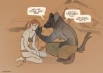 anthro bodily_fluids bottomwear bound chain chained clothing crouching cuffed_ankles dialogue duo female frown human hyena infezmite male male/female mammal pants sitting smile spotted_hyena tears underwear wiping_tears