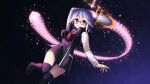  1girl arm_behind_head arm_up black_shoes black_thighhighs blue_hair chaos;child d-sword dress_vest glasses glowing glowing_sword glowing_weapon hair_between_eyes headphones headphones_around_neck hekiho_academy hekiho_academy_school_uniform holding holding_sword holding_weapon huge_weapon kazuki_hana light_particles loafers lollipop_in_mouth long_sleeves looking_at_viewer miniskirt open_mouth red-framed_eyewear sailor_collar sailor_shirt school_uniform shirt shoes short_hair skirt solo sword taba_neruko thick_thighs thighhighs thighs weapon white_shirt wide_hips zettai_ryouiki 