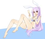  alternate_hairstyle animal_ears bare_shoulders bikini breasts bunny_ears food ice_cream legs legs_up long_hair looking_at_viewer lying on_floor open_mouth ponytail purple_hair red_eyes reisen_udongein_inaba small_breasts solo swimsuit tongue tongue_out touhou very_long_hair yukina_(masyumaro610) 