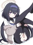  1girl :o absurdres bar_censor black_hair black_pantyhose blue_archive blue_eyes blue_hairband blue_neckerchief brown_cardigan cardigan censored cleft_of_venus commentary_request crossed_bangs dsuzu feet_out_of_frame hair_over_shoulder hairband halo hands_on_own_thighs heart heart-shaped_pupils highres jewelry jitome legs_up long_hair long_sleeves looking_at_viewer low_twintails miniskirt mons_pubis neckerchief necklace no_panties no_shoes open_cardigan open_clothes pantyhose parted_lips pendant pink_pupils pleated_skirt presenting_pussy pussy raised_inner_eyebrows sailor_collar school_uniform serafuku shirt simple_background sitting skirt solo symbol-shaped_pupils torn_clothes torn_pantyhose turtleneck twintails ui_(blue_archive) very_long_hair white_background white_sailor_collar white_shirt white_skirt yellow_halo 
