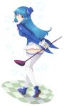  1girl arin blue_hair blue_hat blue_jacket blue_shoes breasts checkered_floor closed_mouth from_behind gallaxi golf golf_club hat highres holding holding_golf_club jacket large_breasts looking_at_viewer mini_hat mini_top_hat pangya pleated_skirt purple_eyes shoes sidelocks signature skirt smile solo star_(symbol) thighhighs thighs top_hat white_background white_skirt white_thighhighs 