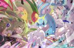  2girls 2others altaria anger_vein angry armpits battle bird blue_bird cape claws crop_top crossed_legs detached_sleeves dragon dragon_wings fighting flygon flying_miku_(project_voltage) gloves gold_armlet green_hair grey_eyes grey_hair ground_miku_(project_voltage) hair_bun hair_over_one_eye hatsune_miku holding holding_poke_ball long_hair long_sleeves midriff multiple_girls multiple_others official_alternate_costume official_alternate_hairstyle open_mouth poke_ball pokemon pokemon_(creature) project_voltage see-through_clothes see-through_sleeves shirt shorts single_glove sleeveless sleeveless_shirt stomach the_land_druid twintails vocaloid white_cape white_gloves white_shorts wings 