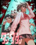  1boy 2girls adjusting_eyewear ayase_momo black_hair black_jacket blue_skirt bow bowtie brown_eyes brown_hair cat collared_shirt commentary copyright_name cowboy_shot dandadan debris earrings floating_earrings gakuran glasses hair_between_eyes highres jacket jewelry kami_high_school_uniform long_sleeves mame_moyashi miniskirt multiple_girls on_shoulder parted_lips pink_sweater pleated_skirt red_bow red_bowtie round_eyewear school_uniform shirt short_hair skirt sweater symbol-only_commentary takakura_ken_(dandadan) turbo_granny_(dandadan) twitter_username white_shirt 