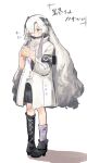  1girl absurdres asymmetrical_footwear asymmetrical_sleeves black_shorts boots cevio coat donut eating food hair_extensions hair_ornament hair_over_one_eye high_collar highres kamitsubaki_studio knee_boots long_hair long_sleeves purple_socks sekai_(cevio) shorts single_knee_boot socks solo translated very_long_hair white_background white_coat white_hair yzkmoq_00 