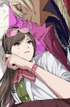  1boy 1girl ace_attorney amikoiiko apollo_justice:_ace_attorney arm_up black_shirt blonde_hair blue_eyes blush brown_hair brown_pants chain chain_necklace commentary dark-skinned_male dark_skin dress_shirt drill_hair ema_skye eye_contact eyewear_on_head fingernails green_vest half_updo highres initial jacket jewelry klavier_gavin lab_coat lapels long_hair long_sleeves looking_at_another looking_down medium_hair mismatched_eyebrows neckerchief necklace notched_lapels pants pink-tinted_eyewear pink_background pink_lips pink_shirt popped_collar purple_jacket red_neckerchief round_eyewear shirt sleeves_rolled_up smile suit_jacket sunglasses sweatdrop symbol-only_commentary tinted_eyewear two-tone_background upper_body vest waistcoat watch white-framed_eyewear white_background wristwatch zoom_layer 