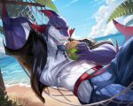 beach beverage bottomwear clothing coconut coconut_drink drupe_(fruit) etrosamu fin fin_piercing fish food fruit furgonomics furry-specific_piercing hammock hi_res looking_at_viewer male marine pants piercing plant red_eyes shark solo tail tetsuya_(dislyte)