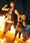  1boy 2girls arimura_hinae black_pantyhose black_ribbon blonde_hair blue_eyes blue_hair casual chaos;child clenched_hands clenched_teeth cloud cloudy_sky collarbone collared_shirt denim denim_skirt dress dutch_angle fire haida_riko hair_ribbon high_heels highres hood hooded_vest hoodie long_hair long_skirt looking_back miniskirt miyashiro_takuru multiple_girls night official_art open_mouth outstretched_arms pantyhose parted_lips pink_hair pyrokinesis red_dress ribbon running shirt short_hair skirt sky sleeves_rolled_up sparks sumo_sticker_(chaos;child) teeth tongue twintails vest 