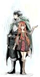  1boy 1girl :o animal_ear_fluff animal_ears arm_shield armor belt black_belt black_boots black_dress black_hair black_pants black_shirt blush boots breastplate breasts brown_boots brown_hair brown_shirt child cloak closed_mouth collared_shirt commentary_request dress elbow_gloves facing_down full_body fur-trimmed_boots fur-trimmed_cloak fur-trimmed_gloves fur_trim gloves green_cloak green_eyes grey_dress hand_up high_collar iwatani_naofumi knee_boots knife knife_sheath layered_dress long_hair long_sleeves looking_down messy_hair metal_hair_tubes metal_wrist_cuffs momojiri2002 open_mouth pants protecting raccoon_ears raccoon_girl raccoon_tail rain raphtalia red_dress red_eyes sheath sheathed shirt short_dress short_hair short_sleeves simple_background small_breasts tail tate_no_yuusha_no_nariagari two-tone_dress variant_set wet wet_hair white_background 