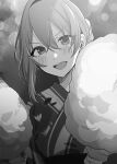  1girl blurry blush bokeh commentary_request cotton_candy depth_of_field double-parted_bangs food greyscale hair_between_eyes hair_up holding holding_cotton_candy holding_food japanese_clothes kimono kohinata_iroha_(imouuzai) looking_at_viewer monochrome novel_illustration official_art open_mouth second-party_source smile solo tomari_(veryberry00) tomodachi_no_imouto_ga_ore_ni_dake_uzai upper_body 