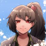  1girl bear_hair_ornament blue_sky brown_hair carmen_(project_moon) closed_mouth coat collared_shirt green_shirt hair_ornament highres lab_coat lobotomy_corporation long_hair looking_at_viewer ponytail portrait project_moon red_eyes shirt sky smile solo white_coat yatsumeunagi 