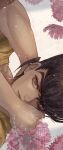  1boy black_hair commentary_request diamond_wa_kudakenai earrings flower higashikata_josuke jewelry jojo_no_kimyou_na_bouken kom_(water0371) looking_at_viewer male_focus one_eye_closed pink_flower pompadour portrait purple_eyes shirt sideways solo stud_earrings yellow_shirt 