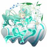  aqua_hair aqua_ribbon bow choker cure_lillian dress earrings flower frills hat highres jewelry lily_(flower) long_hair magical_girl mini_hat mini_top_hat nekoyashiki_mayu paw_print precure ribbon side_ponytail signature simple_background smile top_hat very_long_hair wakuno_lemon white_background white_dress wonderful_precure! 