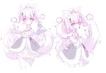  1girl ahoge animal animal_ear_fluff animal_ears blush cat closed_mouth commentary_request fur-trimmed_skirt fur_trim grey_skirt hair_intakes highres holding holding_animal long_hair long_sleeves looking_at_viewer multiple_views original parted_lips shark shirt simple_background skirt sleeves_past_wrists tail tandohark thighhighs very_long_hair white_background white_cat white_hair white_shirt white_skirt white_thighhighs 