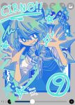  1girl alternate_color alternate_hair_color alternate_wing_color arm_up blue_background blue_dress blue_eyes blue_ribbon bright_pupils cirno cirno_day dotted_background dress english_text flower green_hair green_wings grey_background hair_between_eyes hair_over_eyes hand_up ibispaint_(medium) ice ice_wings looking_at_viewer open_mouth outstretched_hand plant plus_sign raisutea ribbon short_hair short_sleeves sidelocks signature simple_background solo star_(symbol) sunflower tan touhou v-shaped_eyebrows vines white_background white_pupils white_sleeves wings 