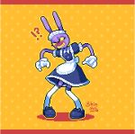  !? 1boy animal_ears apron black_dress black_shoes blush border clenched_teeth colored_sclera colored_skin commentary_request crossdressing crossdressing_(mtf) dress embarrassed full_body gloves jax_(the_amazing_digital_circus) maid maid_headdress male_focus orange_border pixel_art purple_skin rabbit_boy rabbit_ears shinku_castle shoes solo surprised teeth the_amazing_digital_circus thighhighs waist_apron white_apron white_gloves white_thighhighs white_trim wide-eyed yellow_background yellow_sclera 